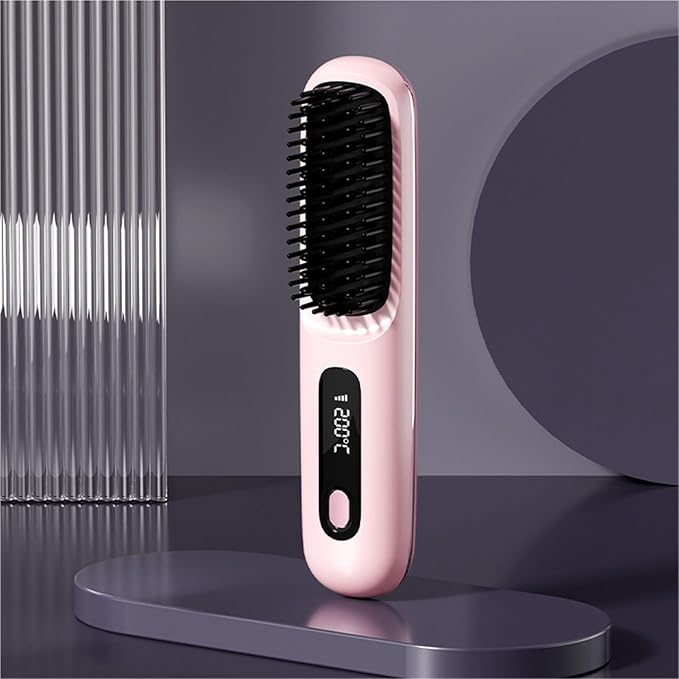 Cordless Hair Straightener Brush with LCD Temper Ature Display Rechargeable Heating 3 Adjustable Temperature Settings Portable Hair Straightener(Pink)