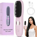 Go Brush Pro Gobrush Pro Portable Straightener Brush Cordless Hair Straightener Brush for Short Hair 3 Adjustable Temperature LED Display Upgraded Fast Heating Hairs Comb for Women Travel (Pink)