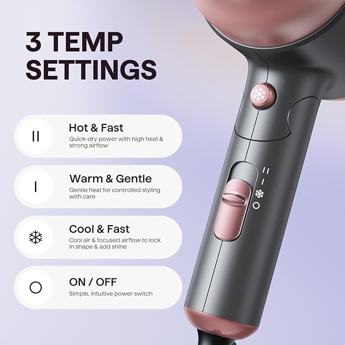 Wavytalk Portable Hair Dryer with Diffuser Foldable Mini Hair Dryer with Lightweight Design 1600W Small Hair Blow Dryer with Diffuser for Curly Hair Fast Drying Rose Pink