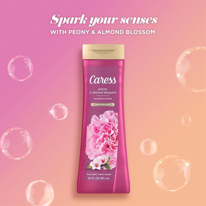 Caress Moisturizing Peony &amp Almond Blossom Body Wash for Fresh Smooth Skin Body Soap to Soothe &amp Unwind 20 Fl Oz (Pack of 2)