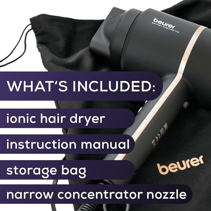 Beurer HC35 Compact Hair Dryer 1500-Watt Blow Dryer Ionic Technology Reduces Frizz Lightweight and Portable Travel Hair Dryer with 4 Temperature and 3-Speed Settings &amp Cold Air Function (Black)