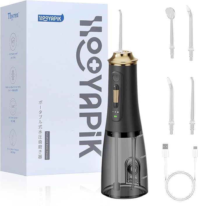 300ML Long-Lasting Battery Life Water Flosser Adjustable Pressure Oral Irrigator Flosser with 4 Interchangeable Nozzle Tips for Implants/Braces/Receding Gums (Black&ampGold)