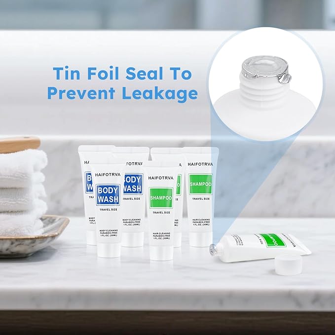 Travel Size Shampoo and Body Wash Bulk Pack of 50Individually Wrapped 30ml/1 fl oz Small Size Hotel Supplies Portable Toiletries Amenities Bulk for GuestsTravelHomelessCharity