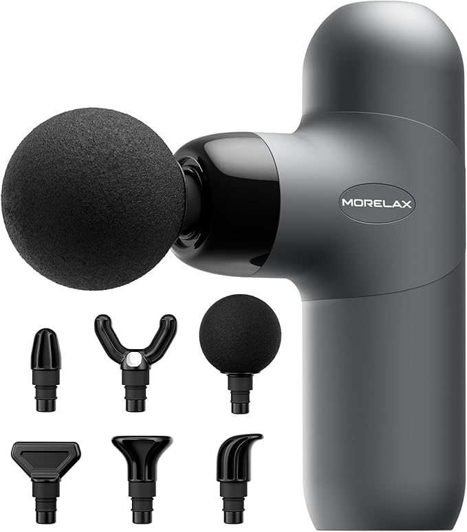 Morelax Mini Massage Gun Percussion Muscle Massager for Back Pain Relief Compact Sports Travel Massage Gun with 6 Massage Heads 4 Speeds Gift for Her Home Athletes