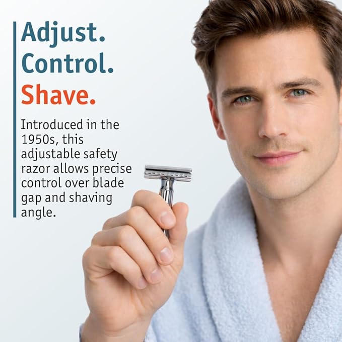 MERKUR Progress 500 Adjustable Double Edge Safety Razor - Standard Handle Adjustable Razor With Dial Made in Germany Plastic-Free Closed Comb Straight Bar