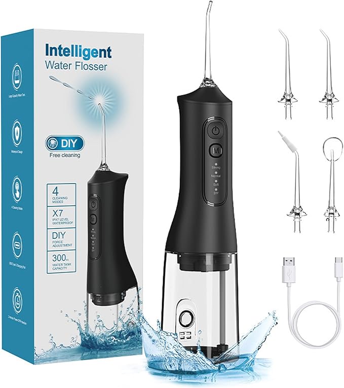 Water Flosser for Teeth CordlessElectric Dental Flosserwith 5 Professional Nozzles and 4 ModesIntelligent Memory300ml Water Tank1600 Pulses/minfor Orthodontics Home UseBlack/White (Black)