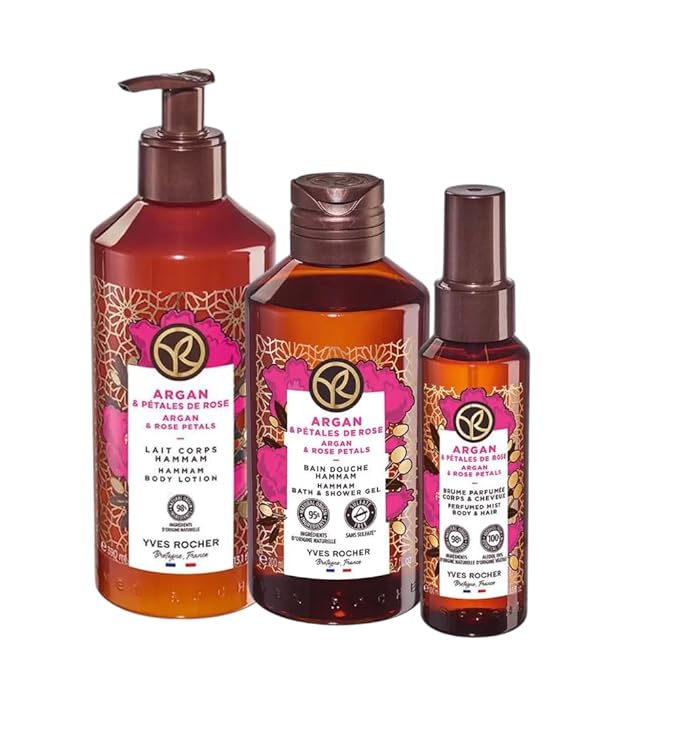 Yves Rocher Argan and Rose Petals Shower Gel Body Nourishing Milk Perfumed Spray Mist Women Day Care 200 ml./6.7fl.oz. 390 ml./13.2 fl.oz. 100 ml./3.3 fl.oz. Set of 3 Best Gift Kit