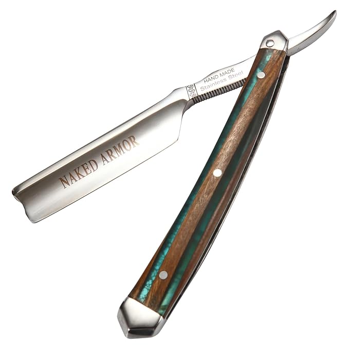 Naked Armor Safir Straight Razor for Men — Shave Ready 7/8 Barber's Notch Japanese Stainless Steel Straight Edge Razor Sandalwood Scale Beard Shaping Leather Case &amp Gift Box Included