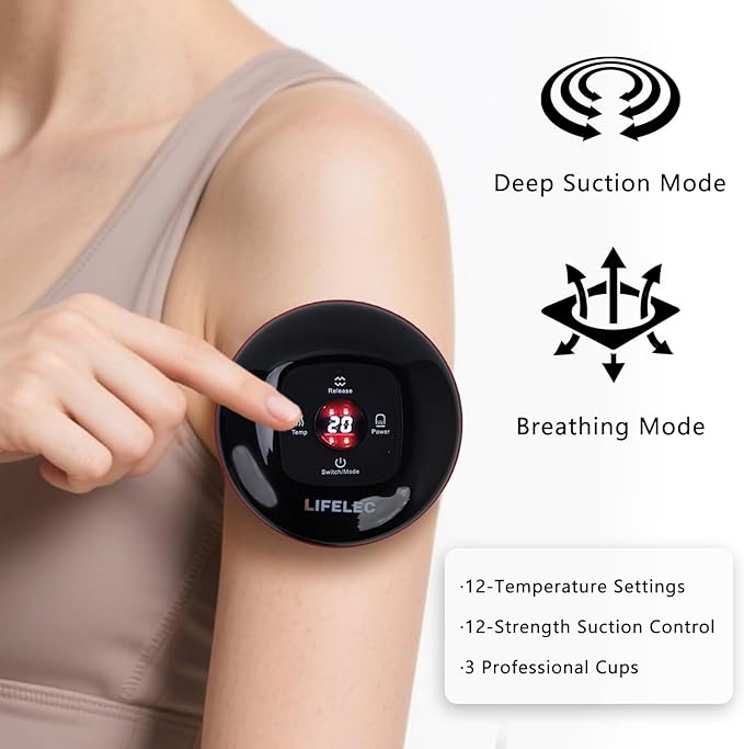 LIFELEC Smart Cupping Therapy Set - 6 Cups (Large/Press/Move) 12-Level Heat &amp Suction Smart Red Light Therapy - Dual Massagers for Simultaneous Use - 2 Pack Set for Athletes Fitness Pain Relie