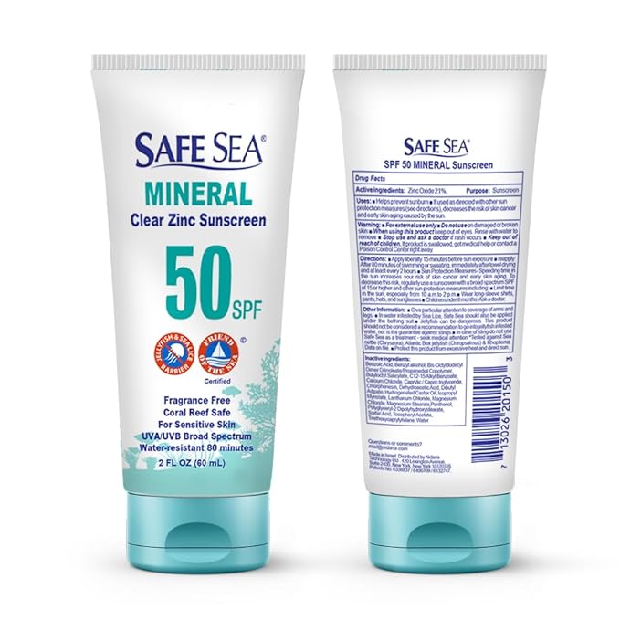 Safe Sea Zinc Oxide Sunscreen SPF50 | Clear Mineral Face Sunscreen Without White Cast | Anti-Jellyfish Sting Protective Lotion | Coral Reef Safe | Travel Size - 2Oz (60ml) Pack of 3