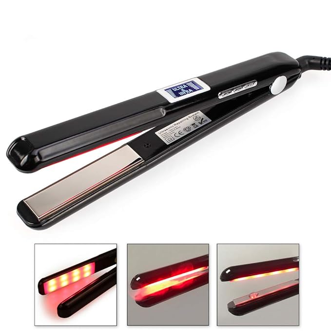 LCD Infrared Ultrasonic Keratin Cold Flat Iron Ceramic Heater Surface Hair Straightener for Damaged Hair With LCD Display Function (Black)