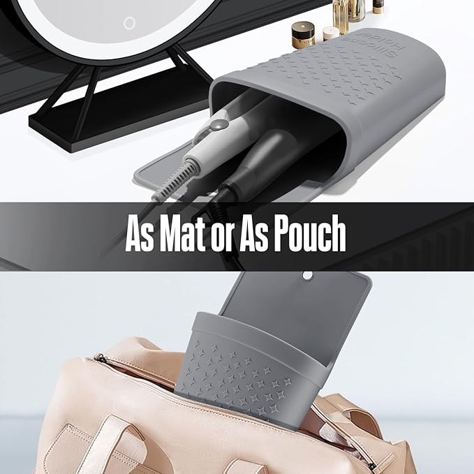 2 Pack Heat Resistant Silicone Hair Iron Mat and PouchPortable Travel Hair Straightener Mat and Holder for Hair Styling Tools.(Gray)