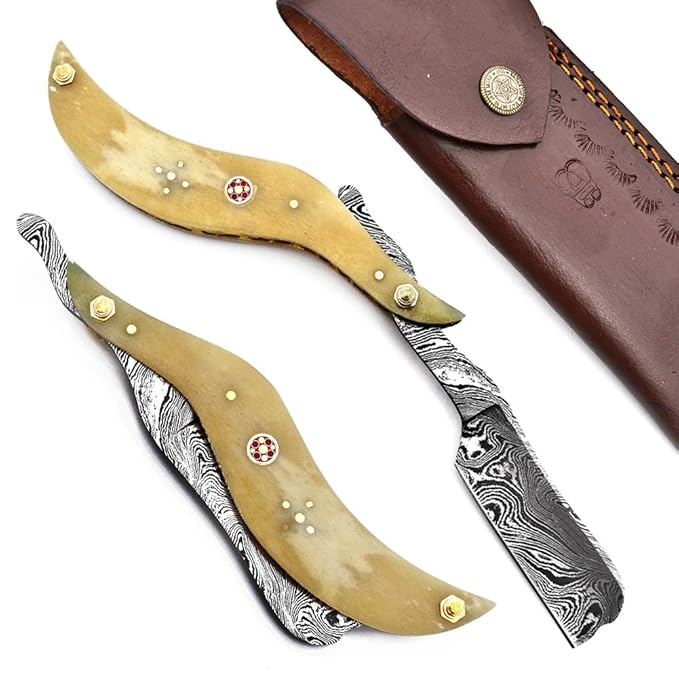 Hand Made Damascus Steel Straight Razor Folding Razor With Shaving Ready Classic Barber Blade Edge Men Straight Razor Leather Case + Strop Close Shave Great Gift R-84