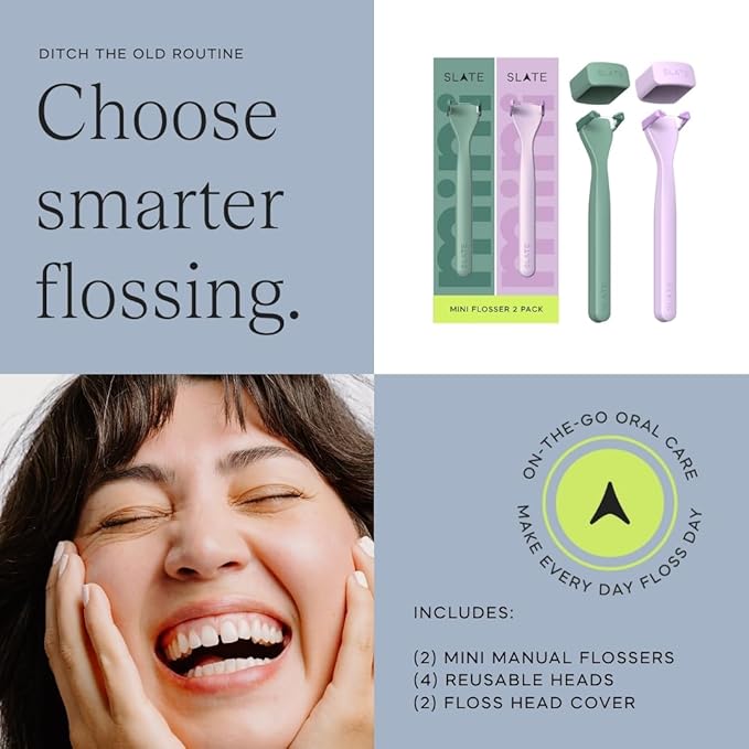 Slate Flosser Mini - Reusable Floss Pick with Gum Brush &amp Tongue Scraper Dentist-Invented PFAS/PTFE-Free Travel-Ready | Lilac &amp Mint Nano-Hydroxyapatite (nHa) Mini Flosser 2-Pack