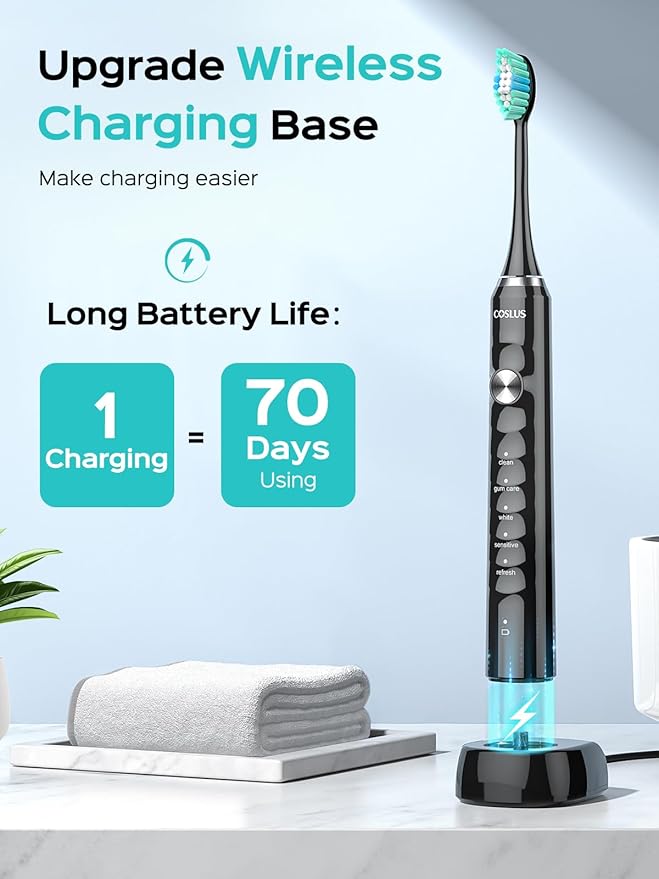 COSLUS Water Dental Flosser Tooth Pick: 10 Levels Smooth Control Portable Wireless Electric Toothbrush for Adults and Kids Rechargeable White and Black