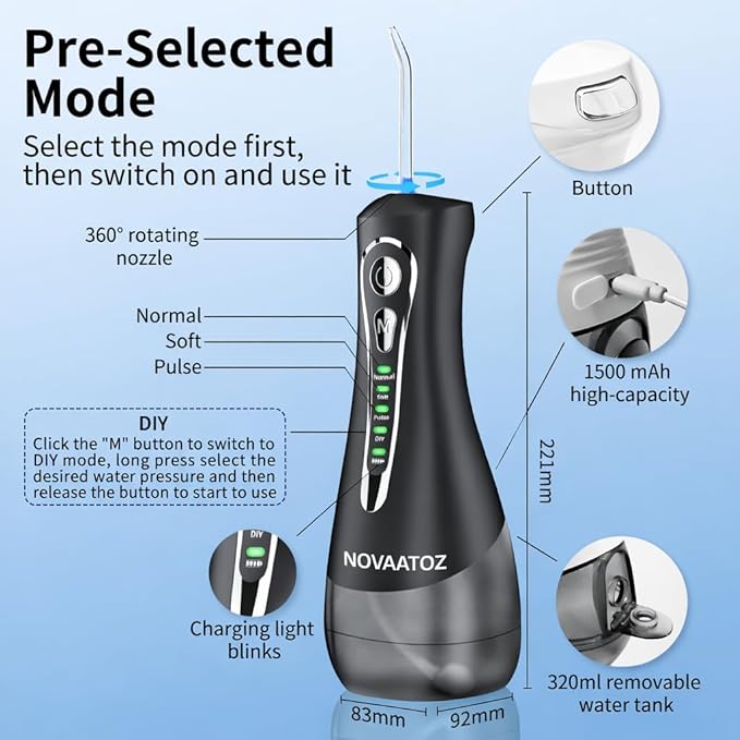 Hydro Advance 2.0 | Cordless Water Flosser for Teeth Cleaning | 0.6mm Precision Jet | 4 Pressure Modes | 320ml Tank IPX7 Waterproof | 4 Nozzles (Black)