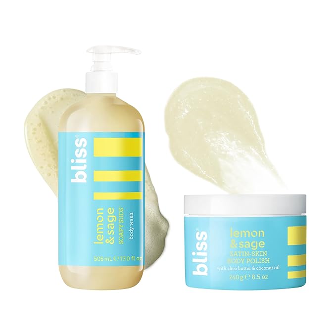 Bliss Lemon Love Exfoliating Duo: Soapy Suds Body Wash &amp Body Scrub with Shea Butter and Coconut Oil - Lemon and Sage - 17 Fl Oz - Gentle and Hydrating for Supremely Soft Skin