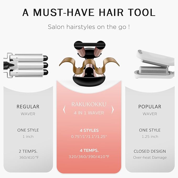 4 in 1 Crimper Hair Tool - Hair Waver with Adjustable Depths for 4 Wavy Styles Beach Waves Curling Iron with 3 Ceramic Barrels 4 Temperatures Dual Voltage for Women (Gold)