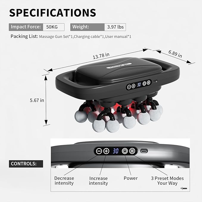 20-Head Massage Gun 30 Intensity Levels 3 Modes Deep Tissue Massager with 50KG Force &amp Noise-Free Motor for Neck Back Legs Shoulders Portable for Full Body Muscle Recovery