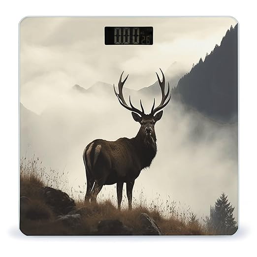 Deer on The Foggy Mountain Bathroom Scale Large LCD Backlight Display Digital Scale Rounded Corners Body Scales Automatic Power On/Off Bathroom Scales for Home Bedrooms