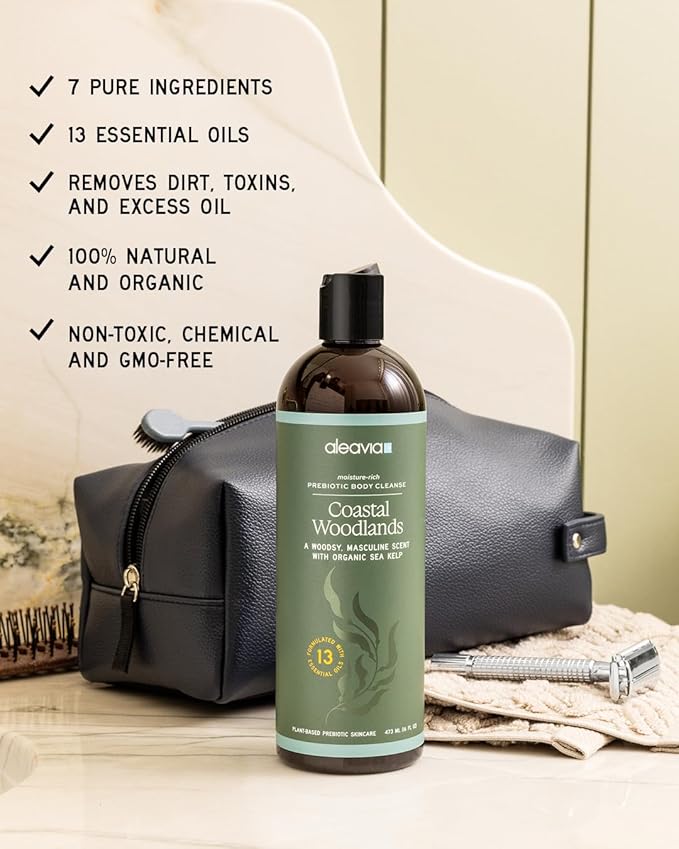 Aleavia Coastal Woodlands Mens Body Cleanse – Organic &amp All-Natural Prebiotic Body Wash for Men Woodsy Notes Scented with 13 Essential Oils – Nourish Your Skin Microbiome – 16 Oz.