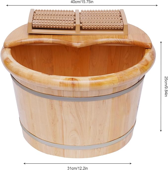 Wooden Foot Bath Barrel Foot Tub with Massager and Lid 9-Inch Deep Basin for Comfort and Relaxation Pedicure Barrel for Foot Bath Soak Massage Spa