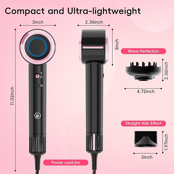 CINOSTAR Hair Dryer Fast Drying Blow Dryer with Diffuser with 110 000RPM Brushless Motor&ampIonic Technology No Heat Damage Lightweight for Women and Travel Low Noise Black &amp Light Coral