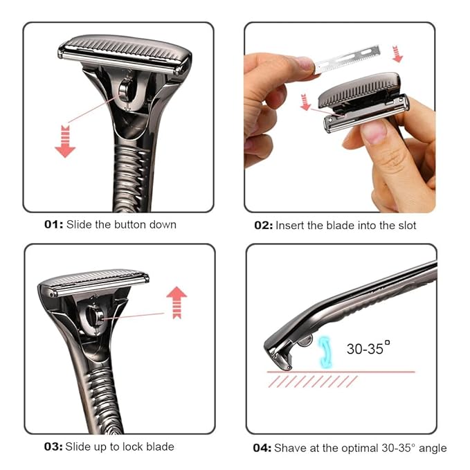Magnetic Safety Razor for Men Single Blade Face Shaver with 2 Interchangeable Heads Smooth Roller Design Durable Metal Safety Razor Kit with 20 Blades - Black