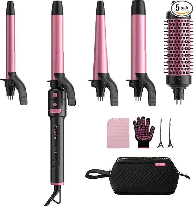 5 in 1 Automatic Rotating Curling Iron Set CrazyMar Curling Wand Set - 5 Barrels (3/411/4 Inch) Dual Voltage Curling Wand for Professional Hair Styling Travel Ceramic Coating(Hot Pink)