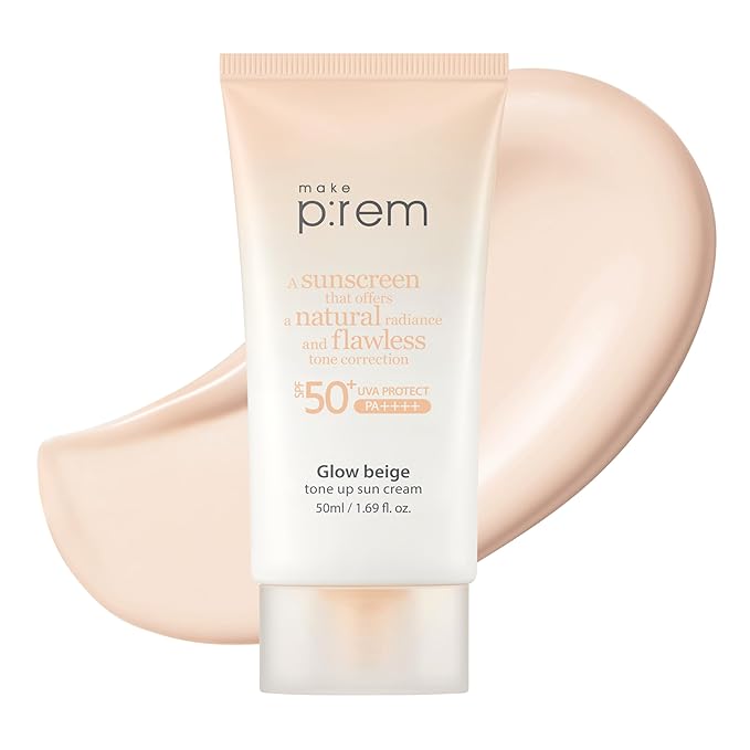 MAKE P:REM Glow Beige Tone Up Sunscreen Foundation-Free Mineral Sun Care Skin Tone Correction Lightweight Korean Sunscreen Korean Skin Care SPF 50 1.69 fl.oz. (50ml)