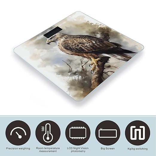 Watercolor of Hawk Sitting in The Tree Bathroom Scale Large LCD Backlight Display Digital Scale Rounded Corners Body Scales Automatic Power On/Off Bathroom Scales for Home Bedrooms