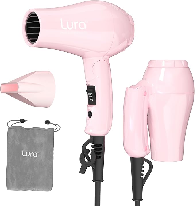 Foldable Travel Hair Dreyr Mini:Dual Voltage Small Lightweight Blow Dryer for International Travel1200w Compact Hairdryer with Concentrator and Travel Bag(Light Pink)