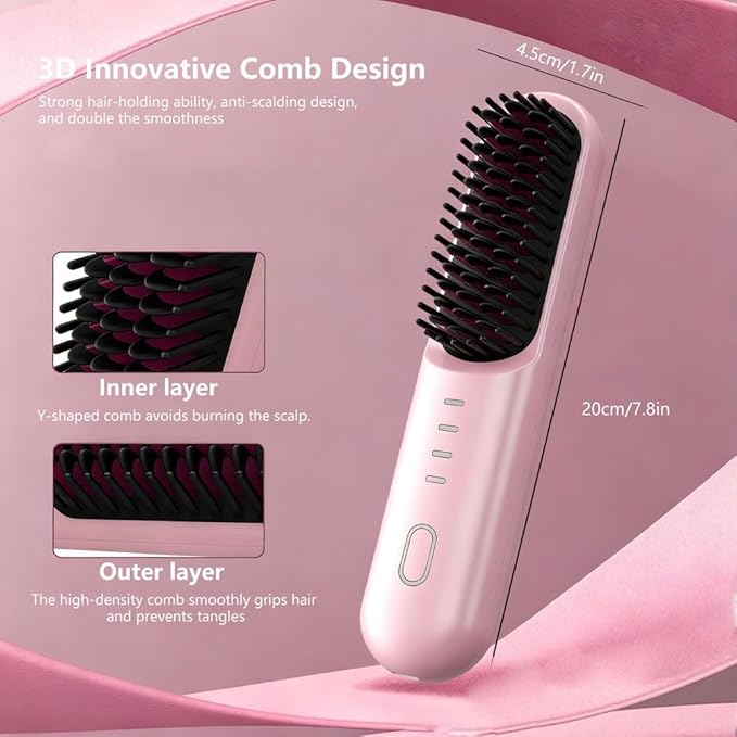 Cordless Hair Straightener Brush-Portable Straightening Comb Plasma Tech 4 Temp-Settings for Travel &amp HomePink1.7x7.8''