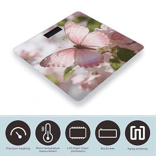 Butterfly-Pink Weight ScaleClear LED Display Bathroom Digital Weighing ScaleTempered Glass Digital Bathroom Scale for Body Weight Capacity Up to 400 Lbs
