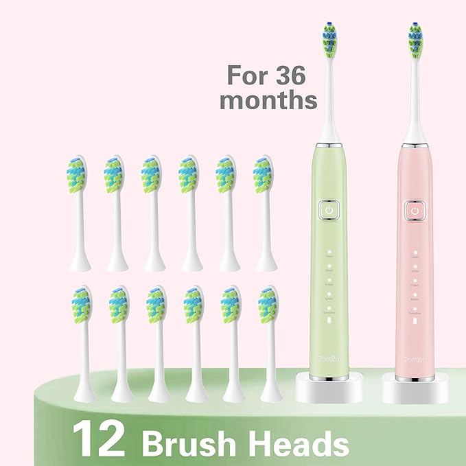 7AM2M Electric Toothbrush 2 Pack Set for Kids and Adults 12 Brush Heads5 Adjustable Modes Built-in 2-Minute Smart Timer Wireless Fast Charge for 60 DaysIPX7Waterproof SonicToothbrush(Green+Pink)