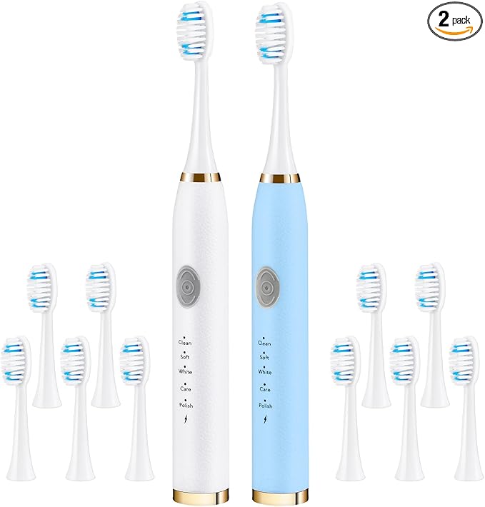 Dnil 2-Pack Adult Electric toothbrushes for Oral Care Rechargeable Sonic Toothbrush Set 35000 VPM 10 Replaceable Brush Heads 5 Modes (White &amp Blue)