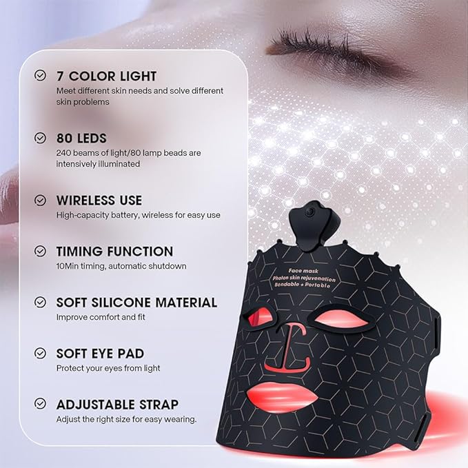 7 Colors Light Mask For Skin Care Red Light For Face Type-C Rechargeable Silicone Beauty Mask For Home (Black)