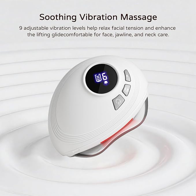 Professional LED Red Light Gua Sha Massager 9-Level Adjustable Face and Neck Sculptor for Skin Firming Jawline Contouring &amp Serum Absorption Portable Metal Facial Skincare Tool - White