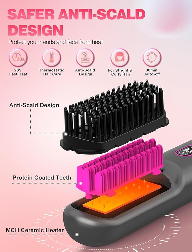 Cordless Hair Straightener Brush for TravelMini Hair Straightener Comb with Negative IonPortable hot Brush Hair Straightener for Women Rechargeable 9600mAh Battery Anti-Scald12 Temp-Setting(Grey)