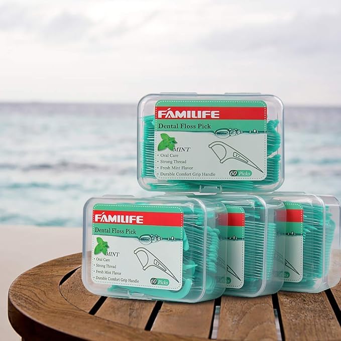 FAMILIFE Floss Picks Mint Dental Floss Picks with 4 Travel Handy Cases 240 Count Flossers and Double Line Flossers 200 Count Unwaxed Flossing Thinner and Tougher Unflavored Threader Flosser
