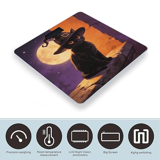Black Cat with Witch Hat for Halloween Weight ScaleClear LED Display Bathroom Digital Weighing ScaleTempered Glass Digital Bathroom Scale for Body Weight Capacity Up to 400 Lbs