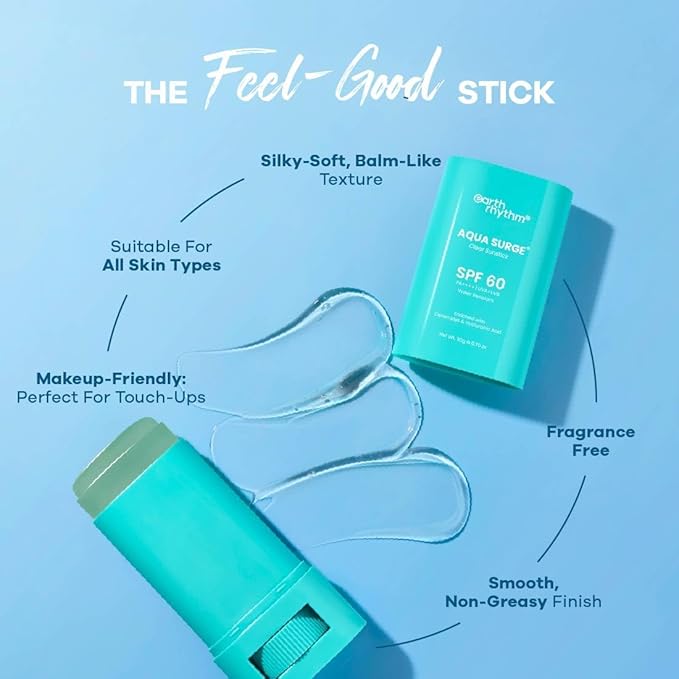 RD Earth-Rhythm Aqua Surge Hydrating Sunstick SPF 60 PA++++ | Ceramides &amp Hyaluronic Acid | No White Cast | Non-Comedogenic Vegan Sunscreen Stick | Lightweight Travel-Friendly Face Sunscreen