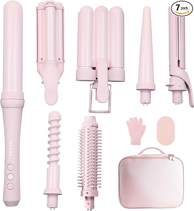 Curling Iron Set 7-in-1 Multi Curler Wand Set with 5 Interchangeable Barrels(0.6-1.25) Crimper Styling Tools Heated Round Brush Hair Straightener Ceramic Coating with Pink Gift Package