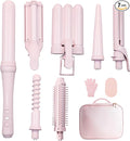 Curling Iron Set 7-in-1 Multi Curler Wand Set with 5 Interchangeable Barrels(0.6-1.25) Crimper Styling Tools Heated Round Brush Hair Straightener Ceramic Coating with Pink Gift Package
