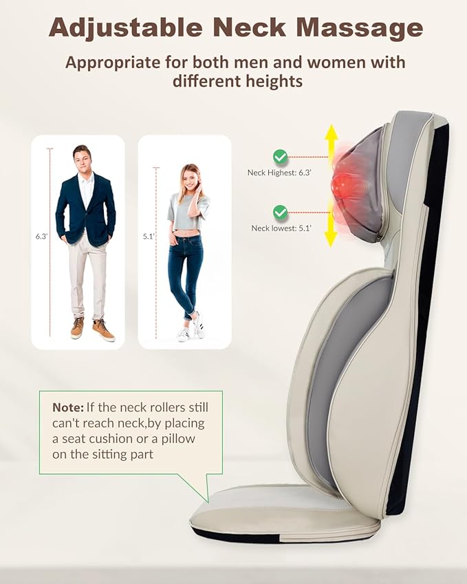 Shiatsu Neck Back Massager with Heat 2025 Upgraded Massage Chiar Pad with Height Adjustment Compression Vibration Full Body Seat Massager for Home Office