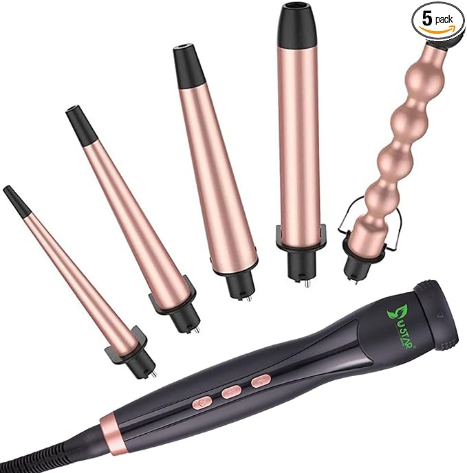 USTAR 5 in 1 Curling Wand for Long Hair Interchangeable Ceramic Barrels 0.35-1.25 Inch Dual Voltage Travel Curling Iron with Heat Resistant Glove 2 Clips Hair Curler for Women Girls Gift