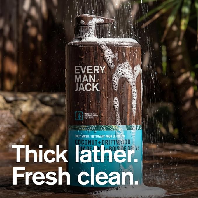 Every Man Jack Coconut + Driftwood Mens Body Wash for All Skin Types - Cleanse Hydrate and Smell Great - Free of Parabens Phtalates and Dyes - 33.8 fl oz (2 Pack)