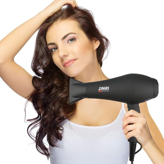 JINRI Hair Dryer 1875W 3 Heat &amp 2 Speed with Diffuser with Concentrator Ionic Technology &amp Infrared - Black Detachable Air Intake Hanging Strap Non-Foldable 125V JINRI-104