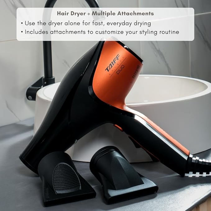 Taiff Unique Duo Professional Hair Dryer – 127V | 1875W Power | AC Motor | Tourmaline + Ionic &amp Ceramic Technology | Titanium Elements | 2 Concentrator Nozzles (Orange)