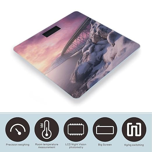 Bridge on Snow Scale for Body Weight Anti-Slip Tempered Glass Digital Bathroom Scales Clear LCD Display Weighing Scale Safe Rounded Corners Smart Scales
